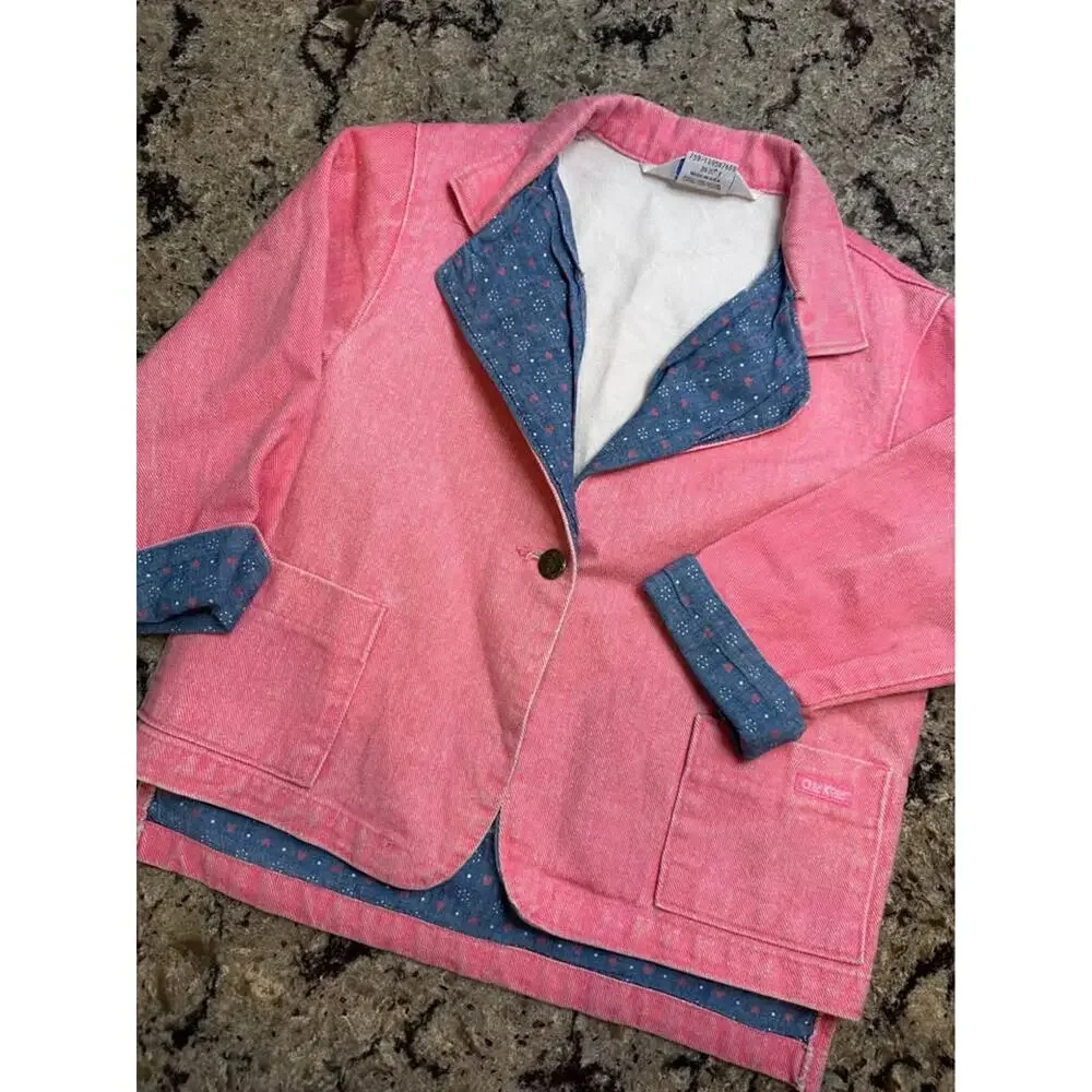 Vintage OshKosh B’Gosh Pink Denim Jacket Girls Made in USA Heart Print 4T